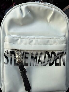 Steve Madden White Mini Backpack with Black Logo and Strap